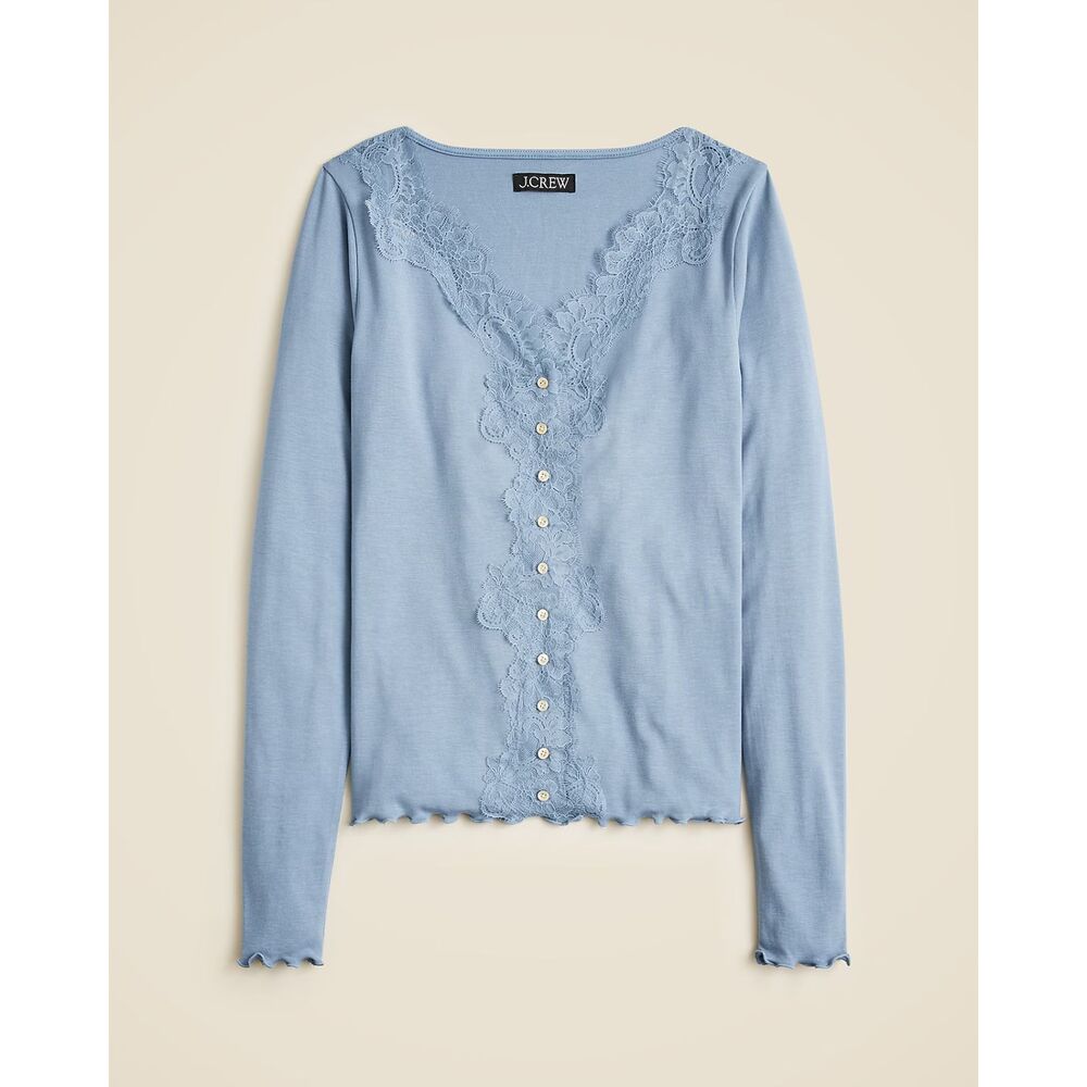 J. Crew Refined Rib Cardigan Top Lace Trim Blue Size Large